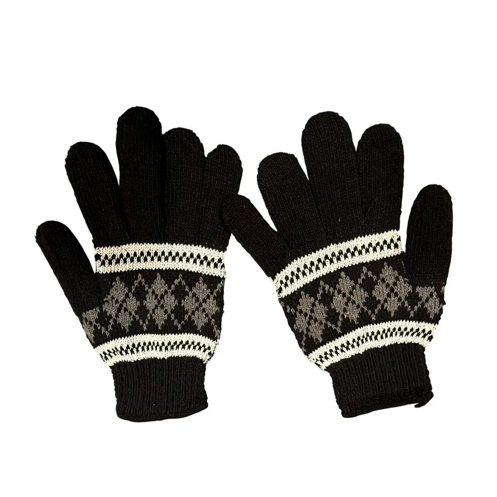 Womens Black Fair Isle Argyle Knit Gloves Warm Winter Lightweight M Cozycore